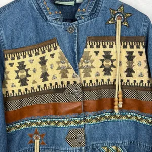 Vintage 220‎ Hickory Western Southwestern Aztec Denim Jacket Faux Leather Trim thumbnail 9