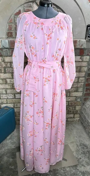 formal dress prom maxi pink floral sheer sleeves pink orange 1970s thumbnail 1