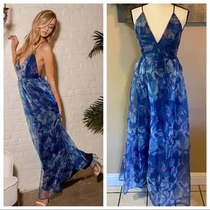 NWT Lulus Bloom Wildly Maxi Dress Sz Small Navy Blue Floral Organza Sleeveless thumbnail 2