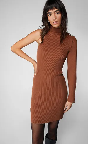 Nasty Gal brown one sleeve turtle neck ribbed knit midi bodycon dress thumbnail 1