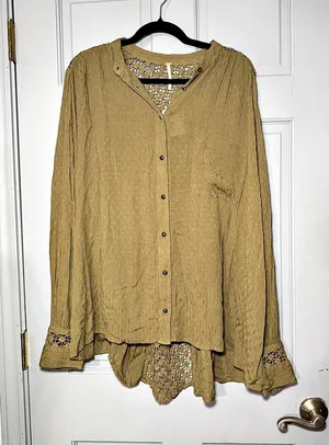 Free People The Best Button Down Lace Detail Blouse Green large thumbnail 1