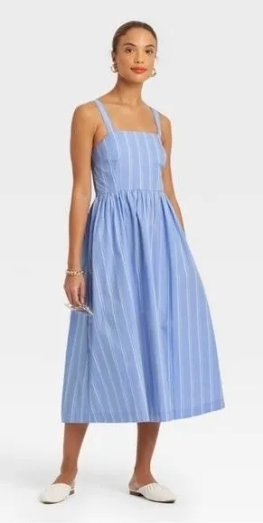 A New Day Blue White Striped Midi Dress Sleeveless Smocked Back Pockets XS thumbnail 1