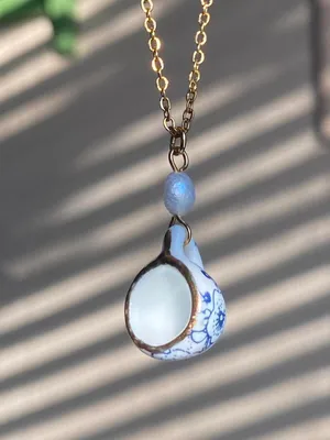 Handmade porcelain tea cup & freshwater pearl unique fun fairy antique style necklace🫖🍃🌀 thumbnail 2