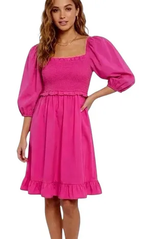 Umgee Hot Pink Smocked Bodice Puff Sleeve Ruffle Dress Size Medium thumbnail 1