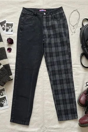 Edikted Two Tone Plaid Black Jeans Women Medium Straight Leg High Rise Grunge thumbnail 1