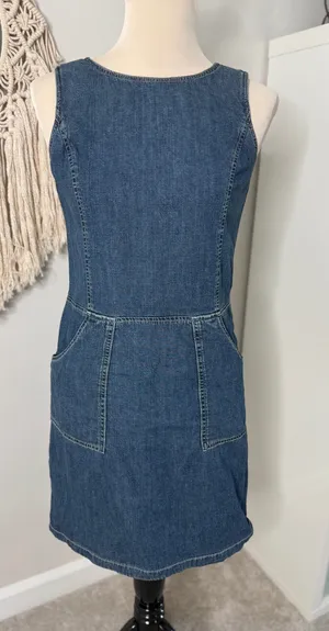 Vtg 90s Y2K Ann Taylor Jeans Denim Mini Dress Apron Pockets Contrast Stitching 4 thumbnail 1