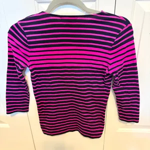 Lauren Ralph Lauren Pink Navy Striped Cotton Boat Neck Top Gold Buttons XS thumbnail 2