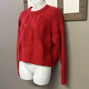 Madewell Women’s Heavy Weight Everett Cable Knit Pullover Red Sweater-Small thumbnail 2