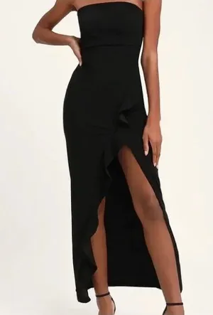 Lulus After Hours Strapless Ruffled‎ Slit Maxi Dress HL1023 Black Size XL thumbnail 1