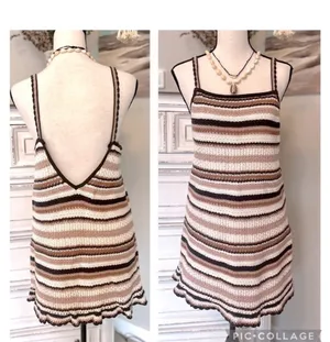 American Eagle Crochet Knit Mini Dress Dusty Stripe Boho Beach Cover-Up Size M thumbnail 3
