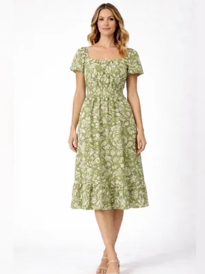 AZ women’s Size S Green Floral Dress Elastic Waist Puff Sleeves NWT/M(E28)✨ thumbnail 3