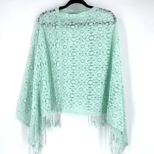 NWT Alberto Makali Mint Green‎ Lace Poncho Fringe Cape Boho Festival Sheer M thumbnail 2