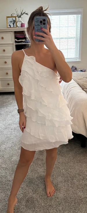 White one shoulder mini dress with ruffles thumbnail 1