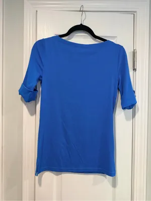 NWOT LRL Lauren Ralph Lauren Size S Blue Boat Neck Cuffed Sleeve Top Cotton thumbnail 11