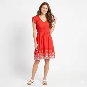 SOLITAIRE Red Summer Dress Women’s Size Medium Boho Eyelet Hem Ruffle Sleeve thumbnail 13