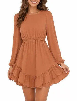 Davi&Dani Mini Dress Womens L Orange Pleated Ruffle Hem Long Sleeve Round Neck thumbnail 1