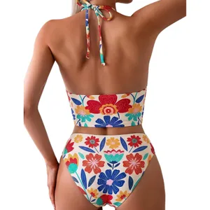 NWT Floerns Floral Print Halter Neck Tankini 2 Piece Swimsuit Beige Multi Small thumbnail 2