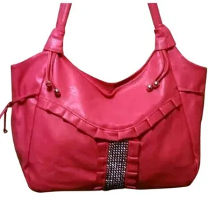 Large Pink Shoulder Bag Purse Rhinestone Accent Ruffle Faux Leather Tote thumbnail 2