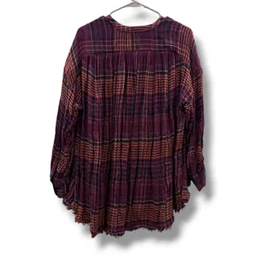 Free People Come On Over Tunic XS Purple Orange Plaid Raw Hem Gauze Boho‎ Top thumbnail 3