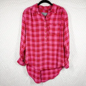 Anthropologie Pink Plaid Isadora‎ Henley Flannel Top thumbnail 2