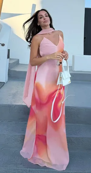 Zara Elegant Pink and Orange Maxi Dress scarf evening party wedding thumbnail 1