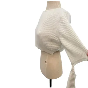 House of CB Tatum Crop Sweater Ivory Cutout‎ Sleeve Rib Knit Top Small thumbnail 5