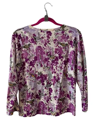 Garnet Hill Merino Wool Floral Bird Cardigan Purple Size Large thumbnail 3