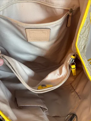 Coach Beige Signature Canvas Tote with Yellow Center Stripe and Tan Handles thumbnail 7
