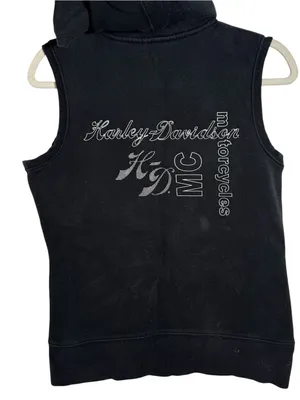 Harley Davidson Hooded Sweatshirt Vest Zip Up Rhinestone Y2K Black Medium thumbnail 7