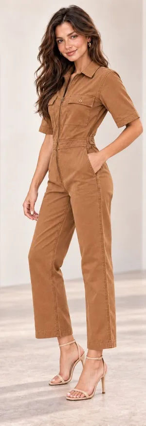 Nordstrom Camel Brown Stretch Denim Utility Jumpsuit Short Sleeve Zip Front M NEW thumbnail 1