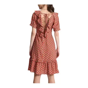 Molly Bracken Fit‎ & Flare Dress Red White Abstract Scoop Neck Ruffle Hem XS thumbnail 2
