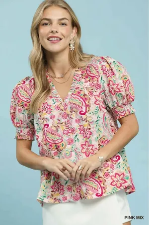 Umgee Mix‎ Paisley Floral Button Down Shirt - Pink mix - medium thumbnail 1