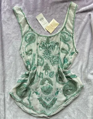 Miss Selfridge Embellished Beaded Sequined Green Sheer Sleeveless Tank Top thumbnail 1