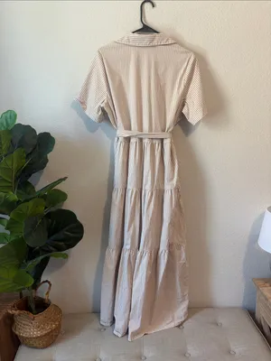 Chico's Cream and Tan Striped Button-Front collared tiered Maxi Dress thumbnail 5