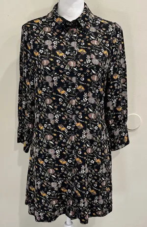 Natural Life Moody Floral Mini Shirt Dress Black Long Sleeve Rayon Cottage Med‎ thumbnail 1