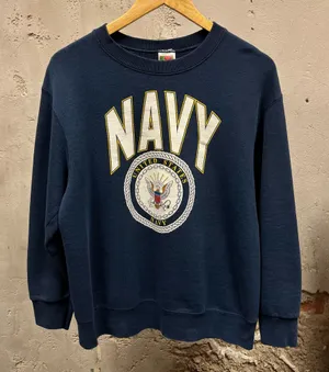 Fruit of the Loom Vintage 90s USA Navy Crest Logo Blue Unisex Fit Crewneck Sweatshirt Medium M thumbnail 1
