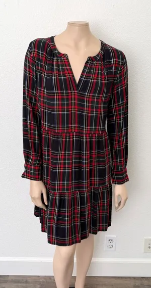 [LOFT] Plaid Split Neck Tiered Long Sleeve Flannel Mini Dress Relaxed Sz Large L thumbnail 1