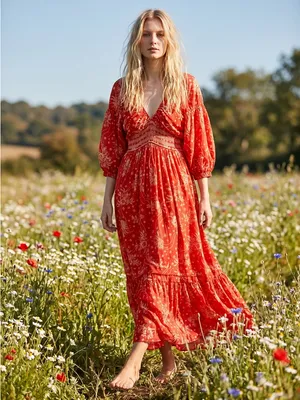 Free People Golden Hour Maxi Dress Cherry Red Medium Bohemian Spring Floral 70s thumbnail 6