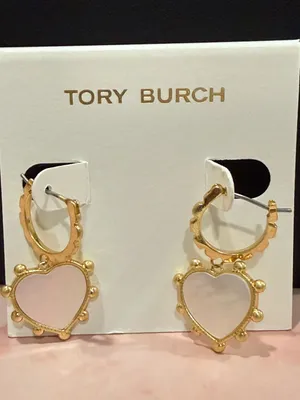 Tory Burch | Gold Plated & Mother of Pearl Heart Drop Earrings | Small/Medium thumbnail 1