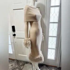 JOLLYA Off-Shoulder Cream Knit Dress with Feather Trim Size M/L P-36 thumbnail 2