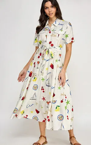 Milk & Honey Printed Button Front Belted Short Sleeve Midi Dress Size Small thumbnail 1