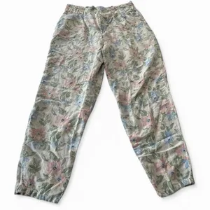 Vintage 90s Pastel Floral Linen Pants TARAZZIA Size Large Cottage Coastal Boho thumbnail 2