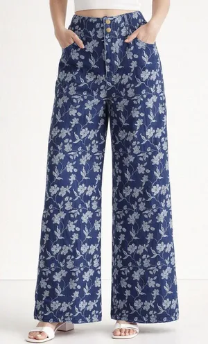 The Korner High Rise Floral Print Wide Leg Jeans Blue 2 thumbnail 1