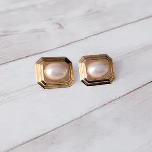 Vintage Clip On Earrings Rectangle Gold Tone & Pearlescent - Clip Repair Needed thumbnail 3