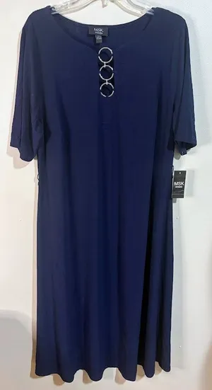 MSK Dress Women 2X Navy Blue NEW O-Ring Hardware Short Sleeve‎ Knee Length thumbnail 1
