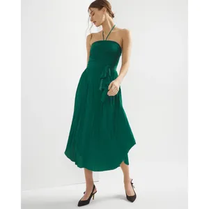 White House | Black Market NEW $170 Strapless Halter Pleated Tie-Waist Midi Dress in Emerald Green 00 thumbnail 2