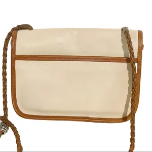 Brighton Vintage Leather Beige Cream‎ Pebbled Brown Trim Braided Crossbody Bag thumbnail 5