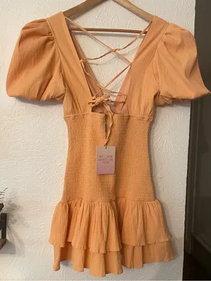 NWT Hello Molly LA DEVOTEE DRESS PEACH Puff-Sleeve Smocked Mini Small thumbnail 4
