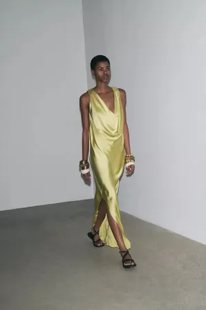 Zara maxi dress zwcollection satin flowy Sleeveless Lime evening party wedding thumbnail 10