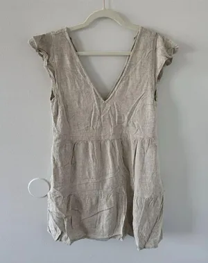 Abercrombie & Fitch Beige Lined Tiered V-Neck Pocket Dress Linen Blend Size S thumbnail 7